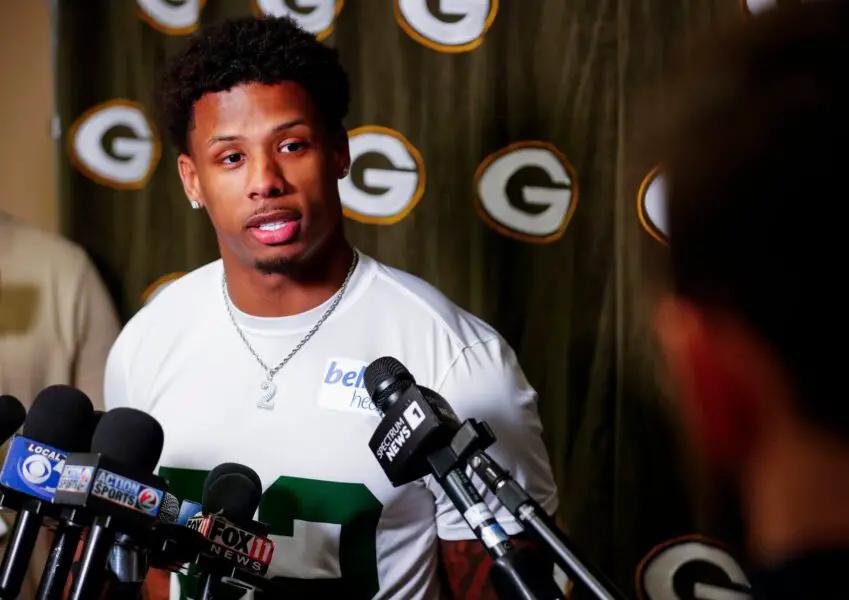 Green Bay Packers wide receiver Matthew Golden is interviewed by the media during rookie minicamp on Friday, May 2, 2025, at Lambeau Field in Green Bay, Wisconsin. The Packers selected Golden with their first round pick in the 2025 NFL Draft. Tork Mason/USA TODAY NETWORK-Wisconsin