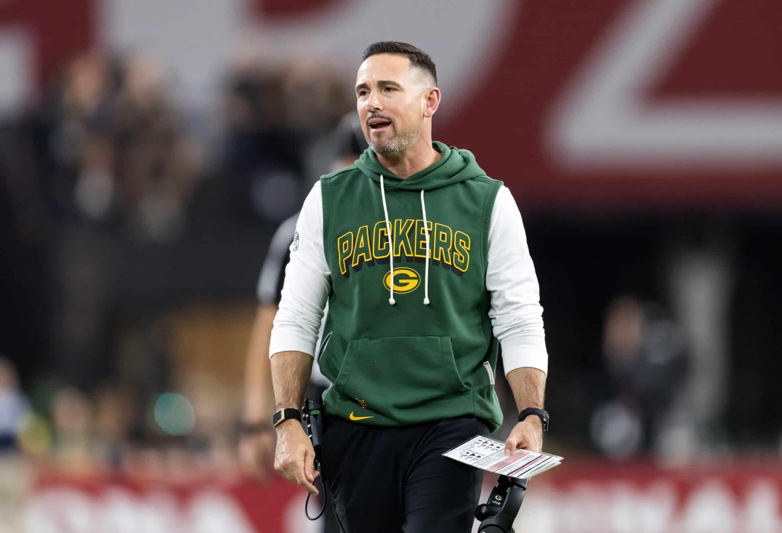 Oct 19, 2025; Glendale, Arizona, USA; Green Bay Packers head coach Matt LaFleur against the Arizona Cardinals at State Farm Stadium. Mandatory Credit: Mark J. Rebilas-Imagn Images